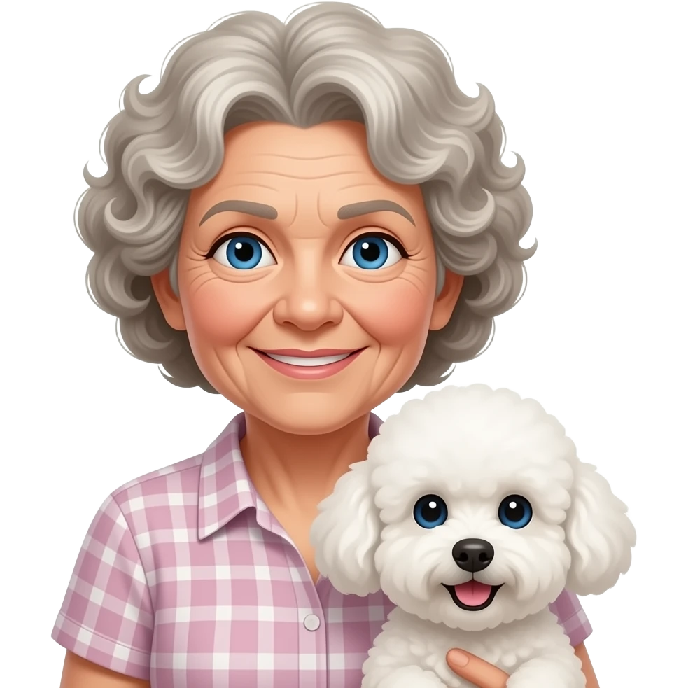 Elder woman curly hair blue eyes having a  white Maltipoo emoji