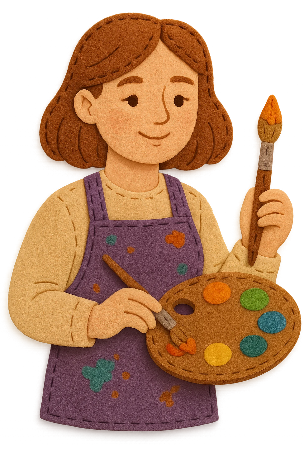 Serene female oil painter, Caucasian features, shoulder-length auburn hair, soft brown eyes, gentle smile, wearing a violet painter’s apron lightly stained with paint over a beige blouse, holding a wooden palette with vibrant colors in one hand and a brush in the other, waist-up, front-facing emoji