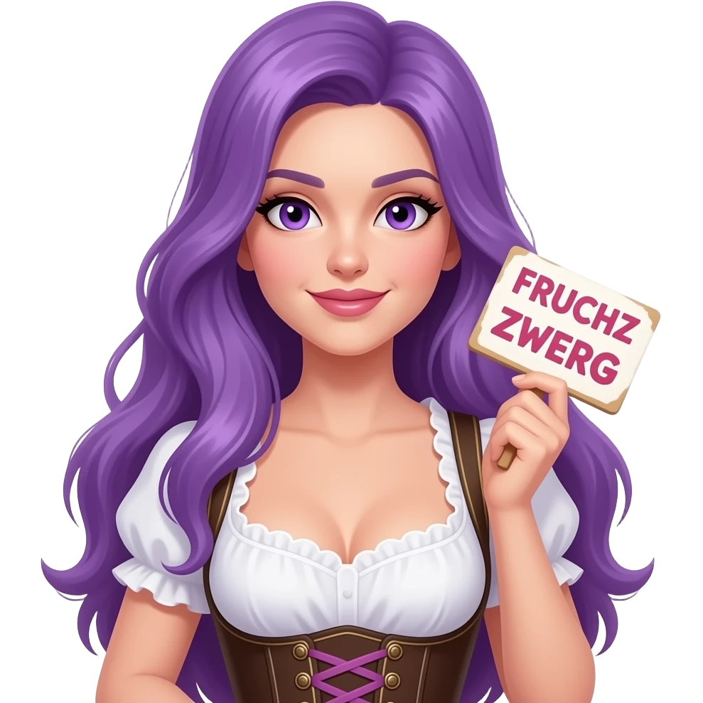 sexy girl with long purple hair and purple eyes wearing a dirndl holding a FRUCHTZWERG sign emoji
