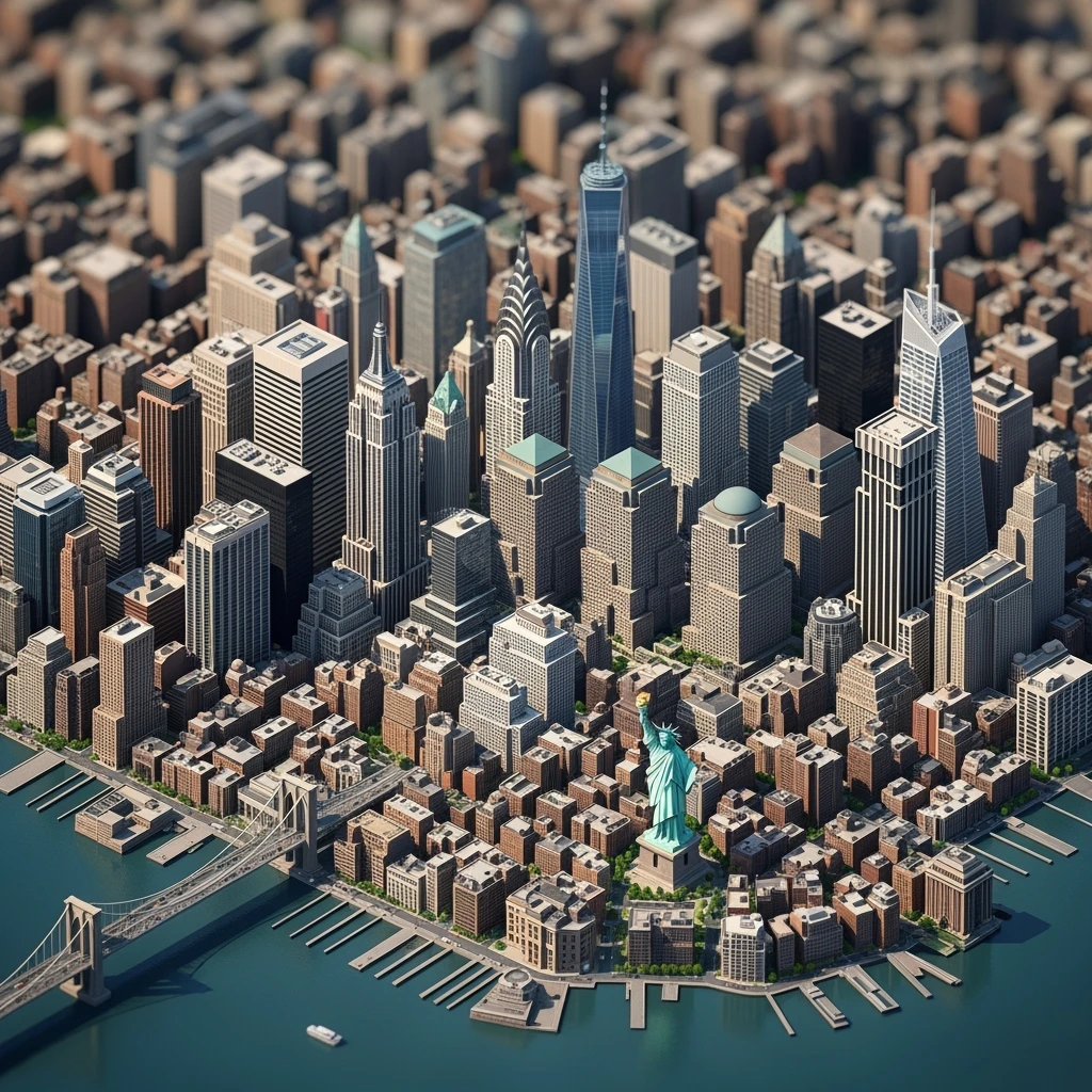 Isometric miniature of New York Сity Empire State Building, Chrysler Building, One World Trade Center, Statue of Liberty, Brooklyn Bridge, and Central Park chaotic low-rise blocks in outer boroughs 3D miniature effect and Tilt Shift effect, no cartoonish look, transparent background. emoji