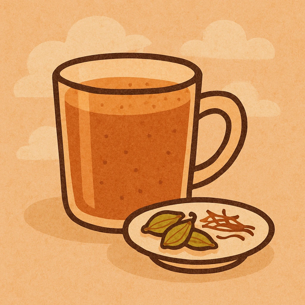 cartoon style karak tea in a glass cup, with a small plate of cardamom and saffron beside it emoji