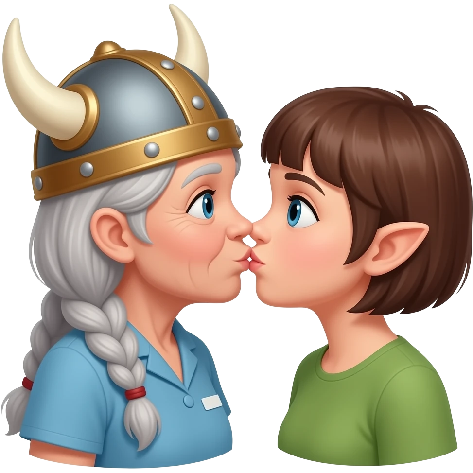 Viking hat gray braids old woman kissing pixie hair brunette elderly nurse emoji