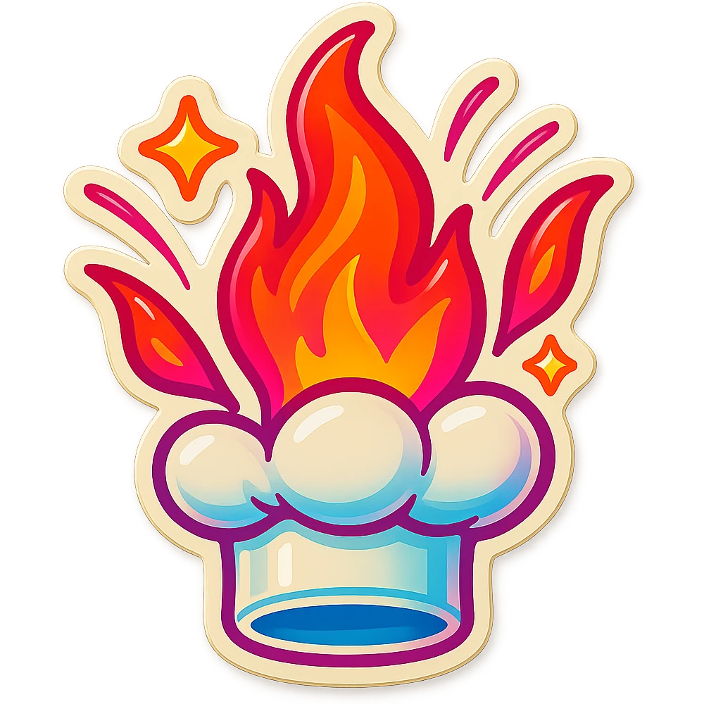 chef's hat explode with trails of fires, emoji, playful, magic flame neon orange to neon pink gradient, vibrant, flame matching style reference file emoji