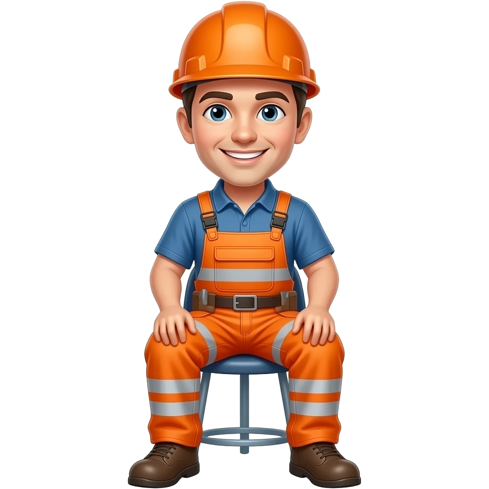 engineer sitting in full hi vis orange overalls, orange helmet, looking happy emoji