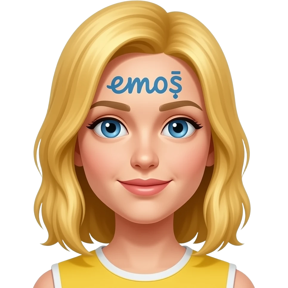 Sarı saçlı mavi gözlü üstünde emoş yazan bir yüz emoji