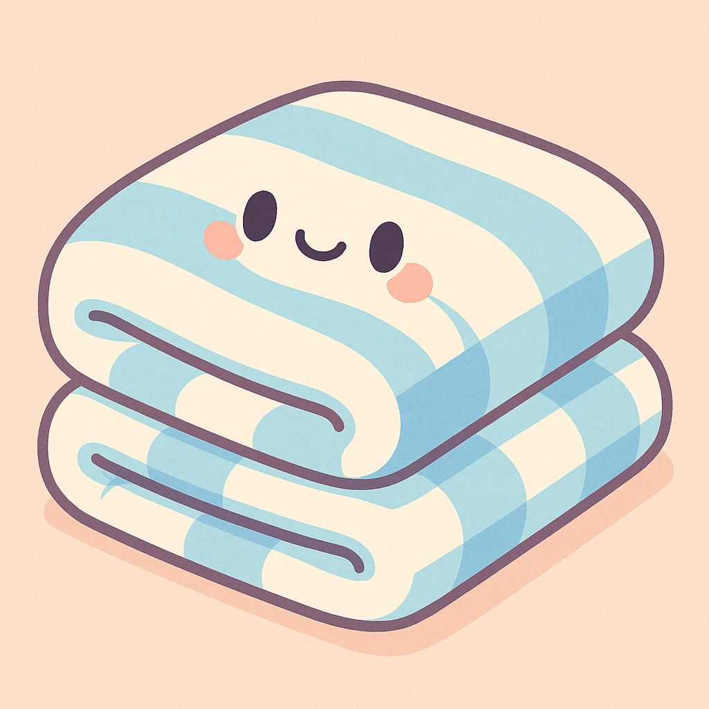 soft pastel white and blue blanket, folded tidily, gentle and cute vibe, pastel illustration style emoji