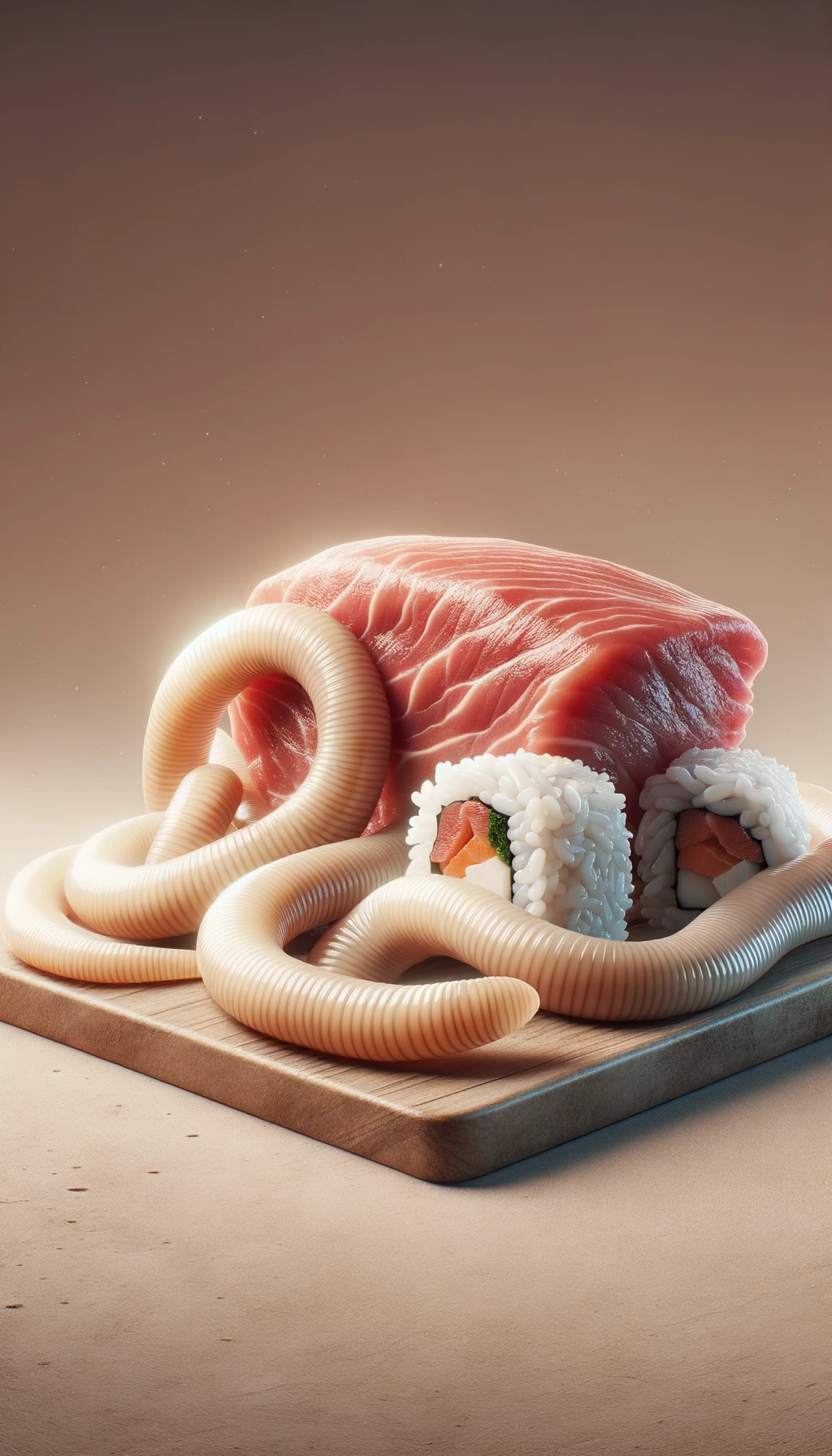carne cruda fluttua insieme a sushi, intorno a loro fluttuano vermi lunghi e beige chiaro, sfondo neutro chiaro, iperrealistico 4k emoji