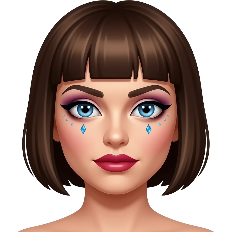 Une draq queen cheveux courts marron et paillettes au niveau des yeux bleus avec du maquillage qui slayyy emoji