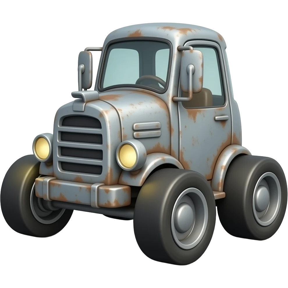3D emoji-style rusty machine on four wheels, glowing round headlights, gray metal with rust, soft lighting, clean background emoji
