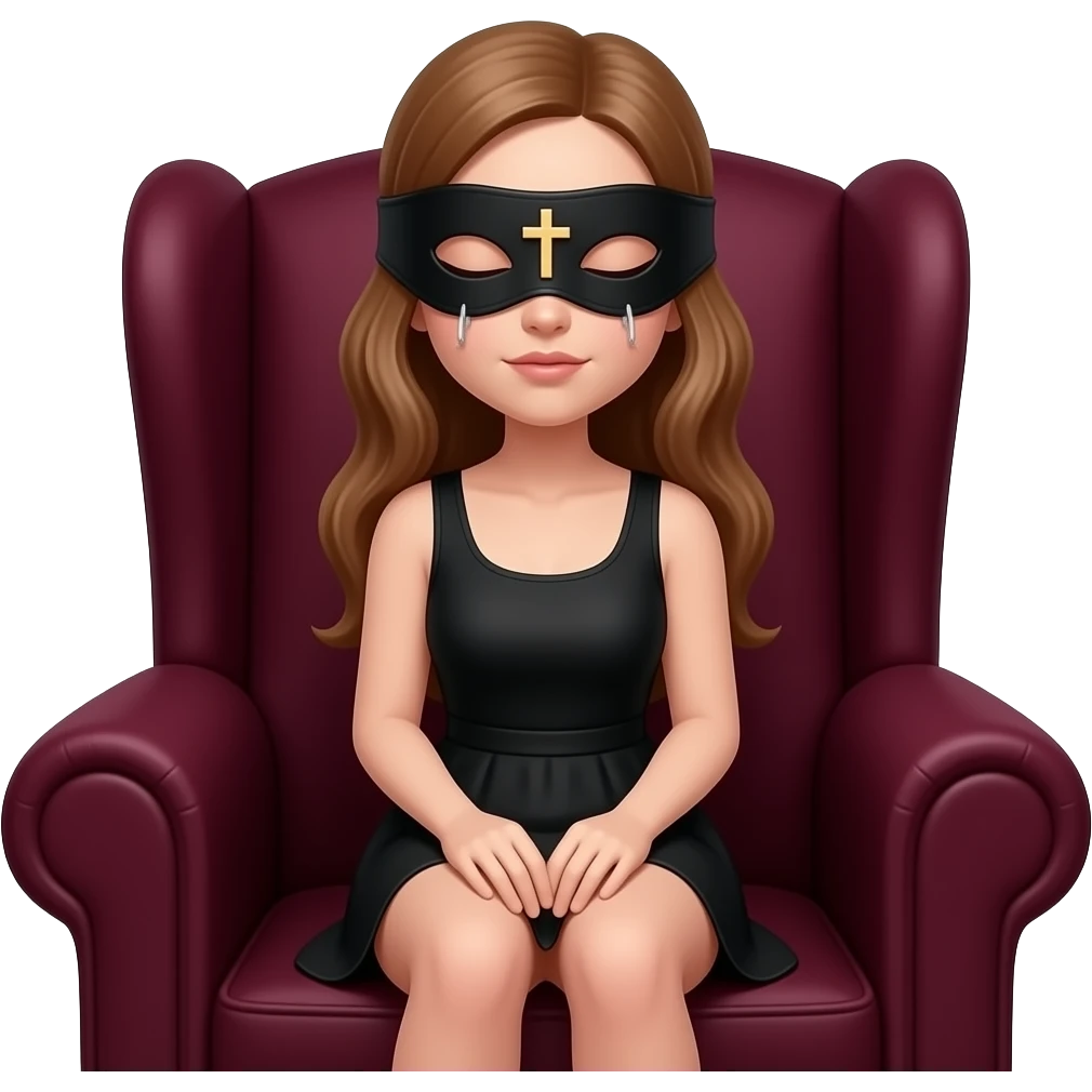 victorian style - The female realistic skinny figure is in a crouching on the armchair covered with heavy bordo fabric. The most prominent detail is the black eye mask with a small figurine of the crucified Jesus sewn between the eyes emoji