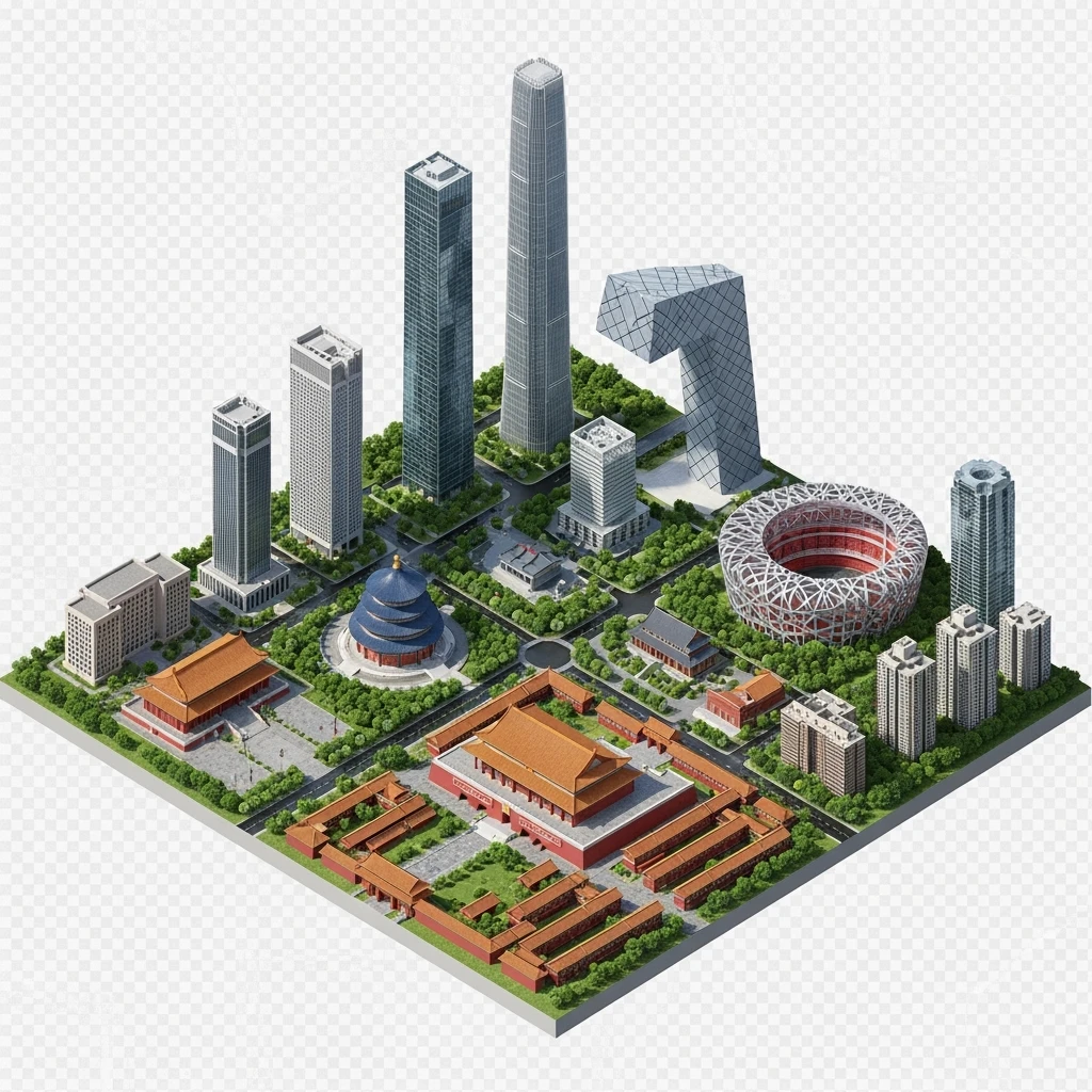 Isometric miniature of Beijing Forbidden City, Tiananmen Square, CCTV Headquarters, Temple of Heaven, China Zun skyscraper, Bird’s Nest Stadium, Beijing apartment blocks, 3D miniature effect and Tilt Shift effect, no cartoonish look, transparent background, don't cut angles emoji
