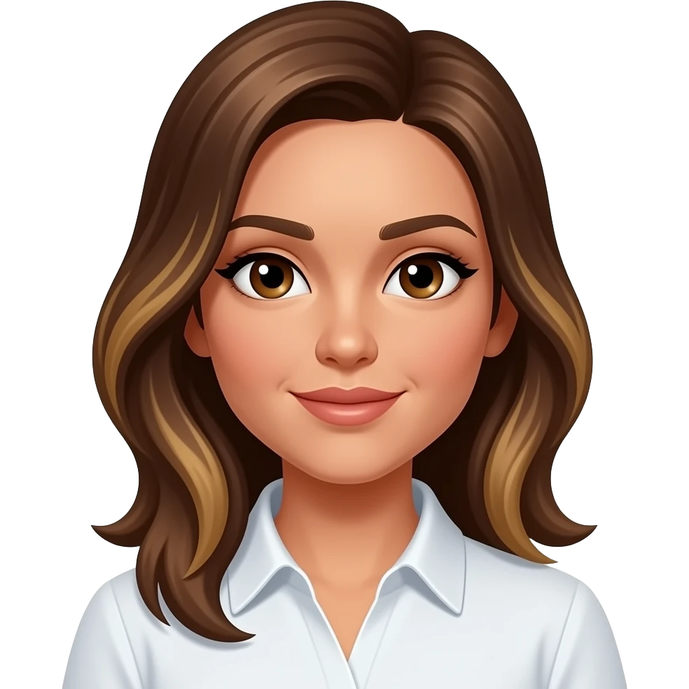 highlights with brown hair, tan, side bang female with brown eyes with a white shirt emoji