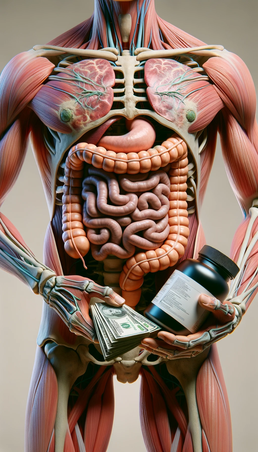corpo umano anatomico con intestino umano anatomico realistico in evidenza che tiene nella mano destra una boccetta di integratore e nella mano sinistra delle banconote, sfondo neutro chiaro, iperrealistico 4k emoji