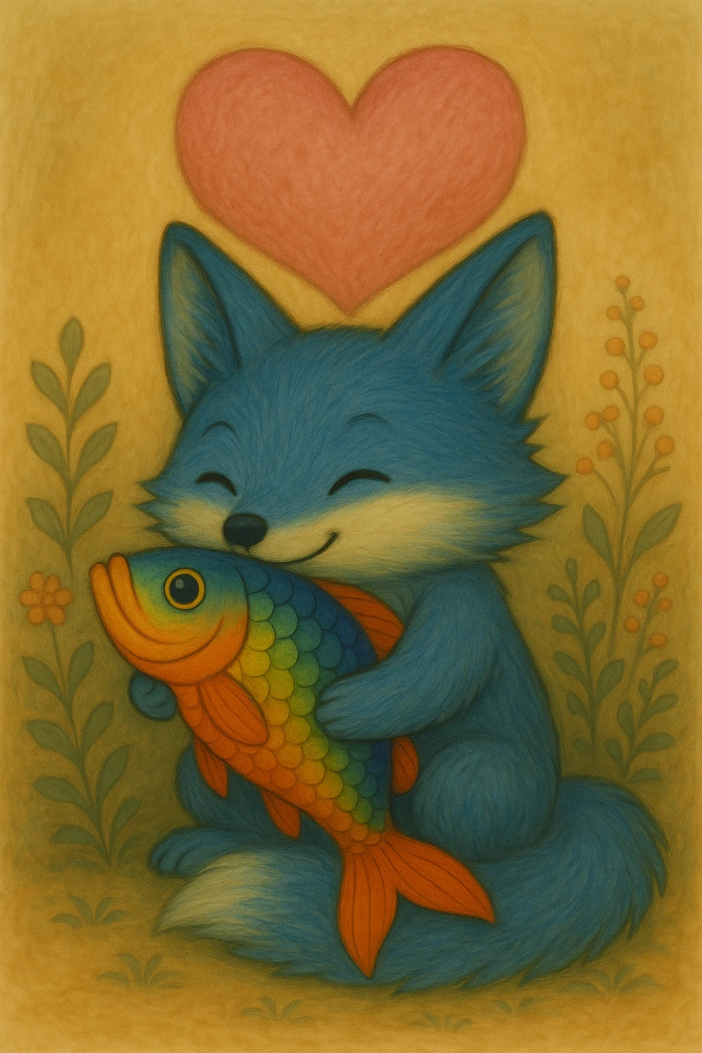 Make the heart above the blue fox and rainbow fish much bigger and pink, keep the ghibli style. emoji