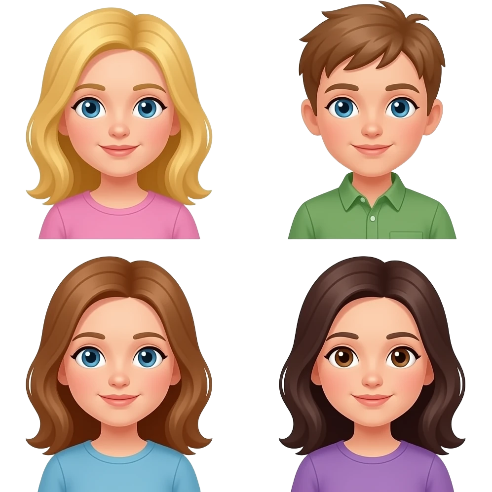 one girl with blonde hair and blue eyes, boy with light brown hair and blue eyes and green shirt, one girl with light brown hair and blue eyes, one girl with dark brown hair and brown eyes and a purple shirt emoji