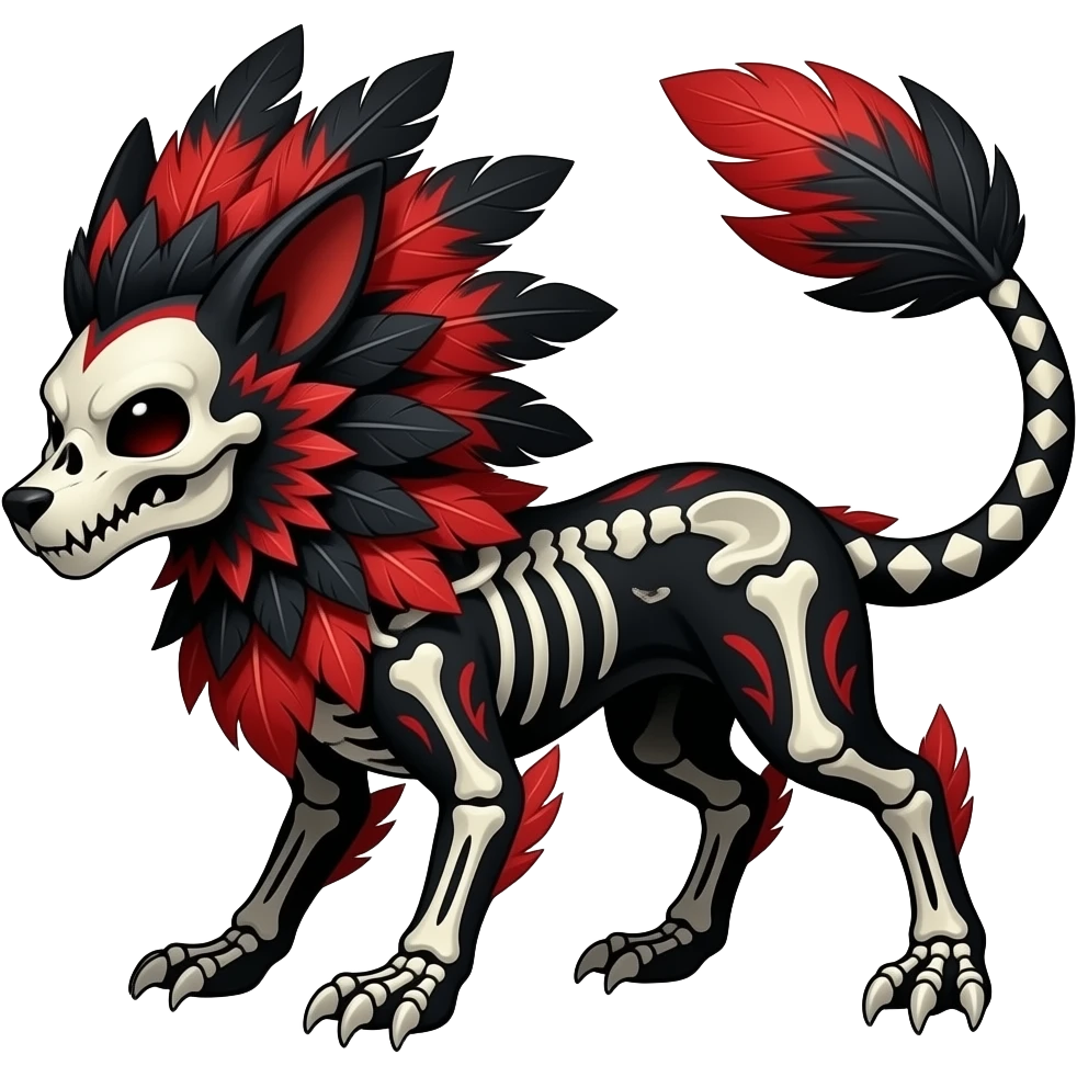 Rare black and red realistic dark edgy tropical tribal patterned feathery skeletal badass epic handsome gorgeous aesthetic colorful vibrant Vernid-Trico-species-Fakemon-creature by LiLaiRa, 4 legs, 1 tail, random markings, (full body) emoji