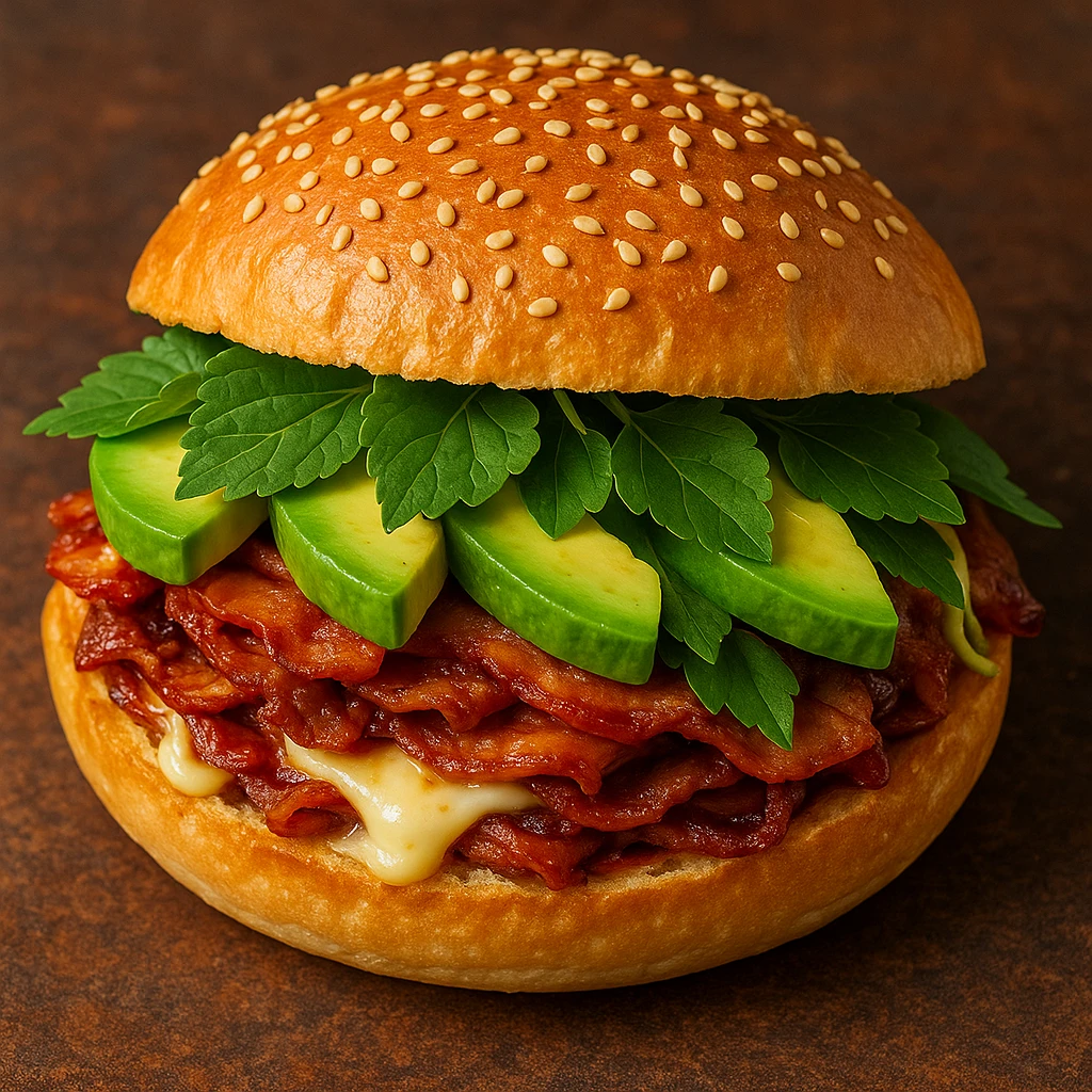 a cemita sandwich with visible layers of meat, cheese, avocado, and papalo emoji