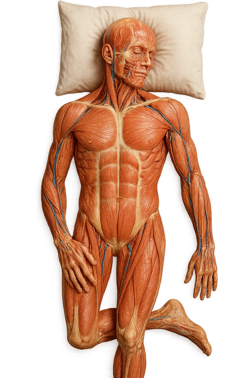 corpo umano anatomico CON TESTA SUL CUSCINO PERCHé STA DORMENDO, VISTO DALL'ALTO, iperrealistico 4k emoji
