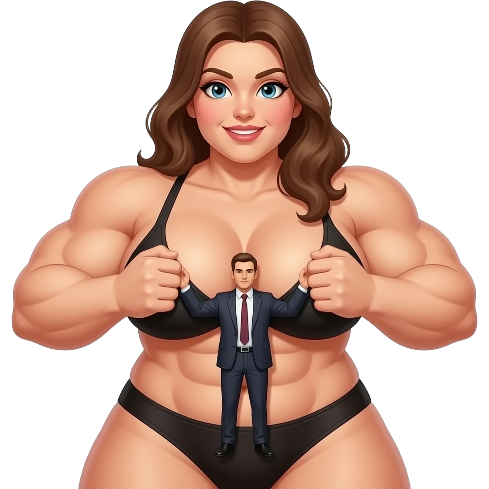 A super muscular girl with huge boobs and huge ass picking up a small man and putting him between her boobs emoji