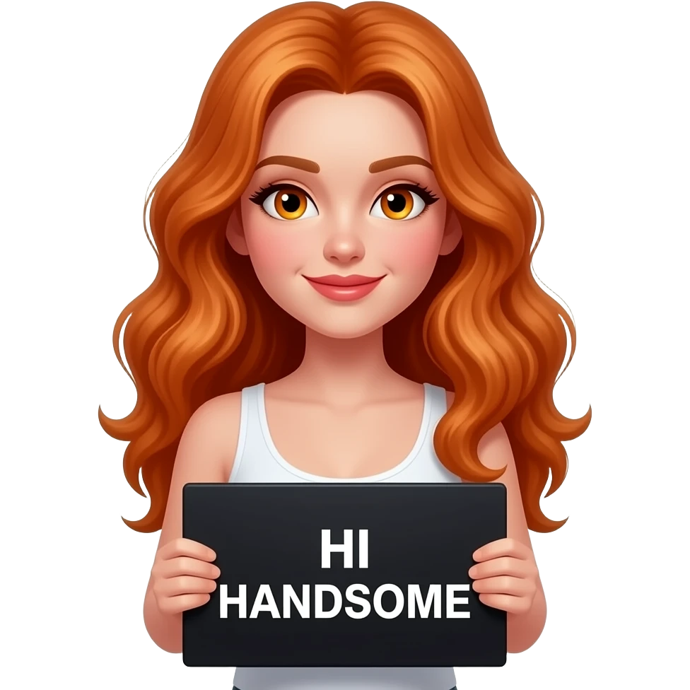sexy girl with long wavy ginger hair and ginger eyes wearing a white tanktop is holding a black colored sign with HI HANDSOME written on it emoji
