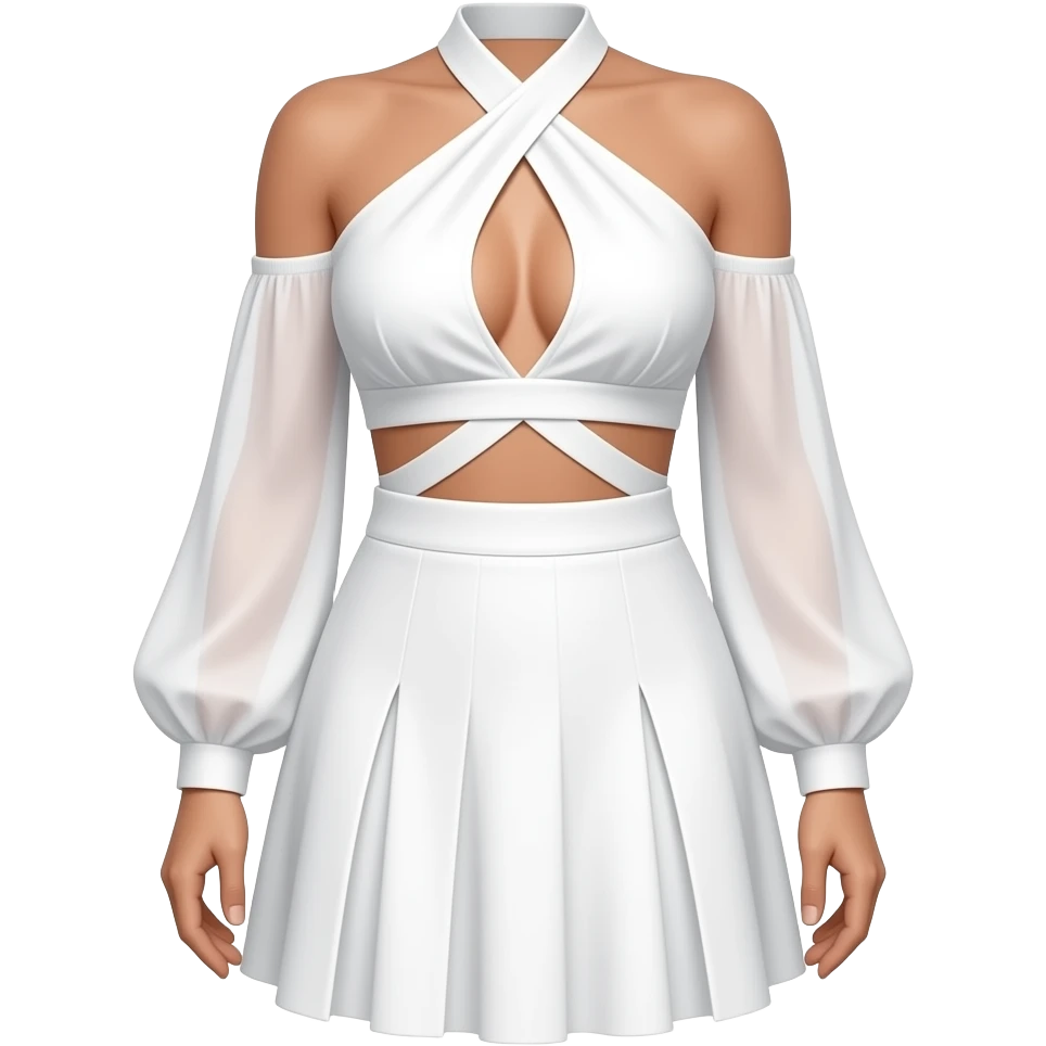 white Stretch crepe skirt with georgette flowing top attachment (one piece) halter top and triangle cut out in the stomach emoji