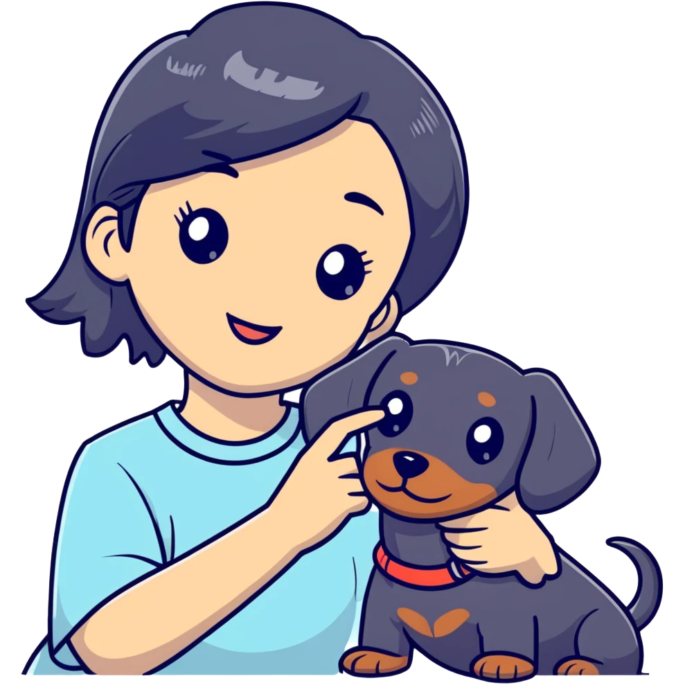black hair asian girl taking selfie with black dachshund emoji