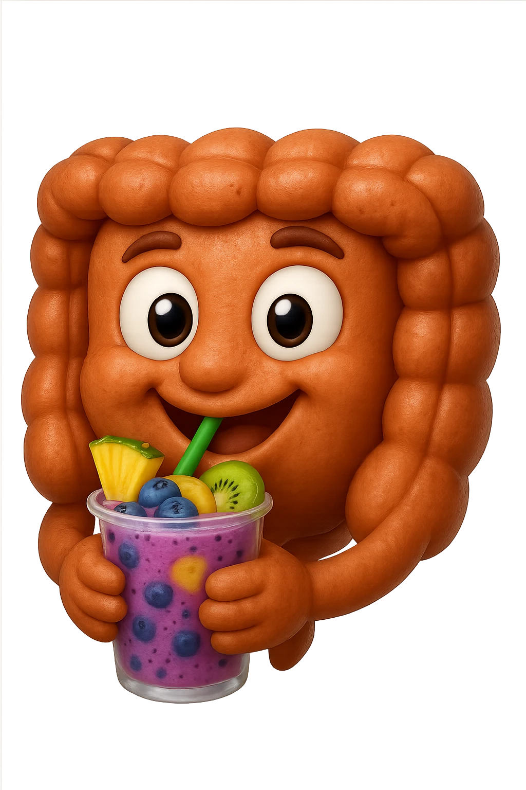 EMOJI STILE IPHONE DI un intestino umano anatomico che beve un frullato di mirtilli, ananas, kiwi, fagli anche la parte bianca degli occhi, non solo le pupille, REALISTICo 4K emoji