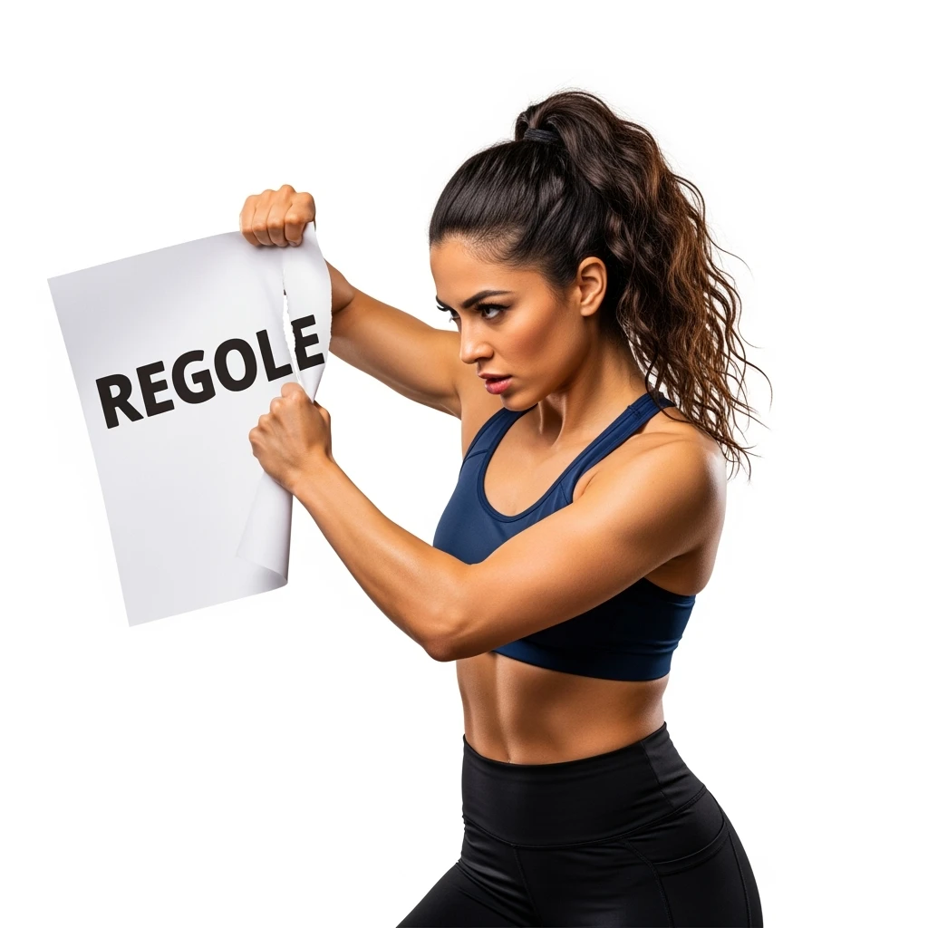 DONNA FITNESS CHE STRAPPA UN FOGLIO CON LA SCRITTA "REGOLE", IPERREALISTICA 4K, SENZA SFONDO emoji