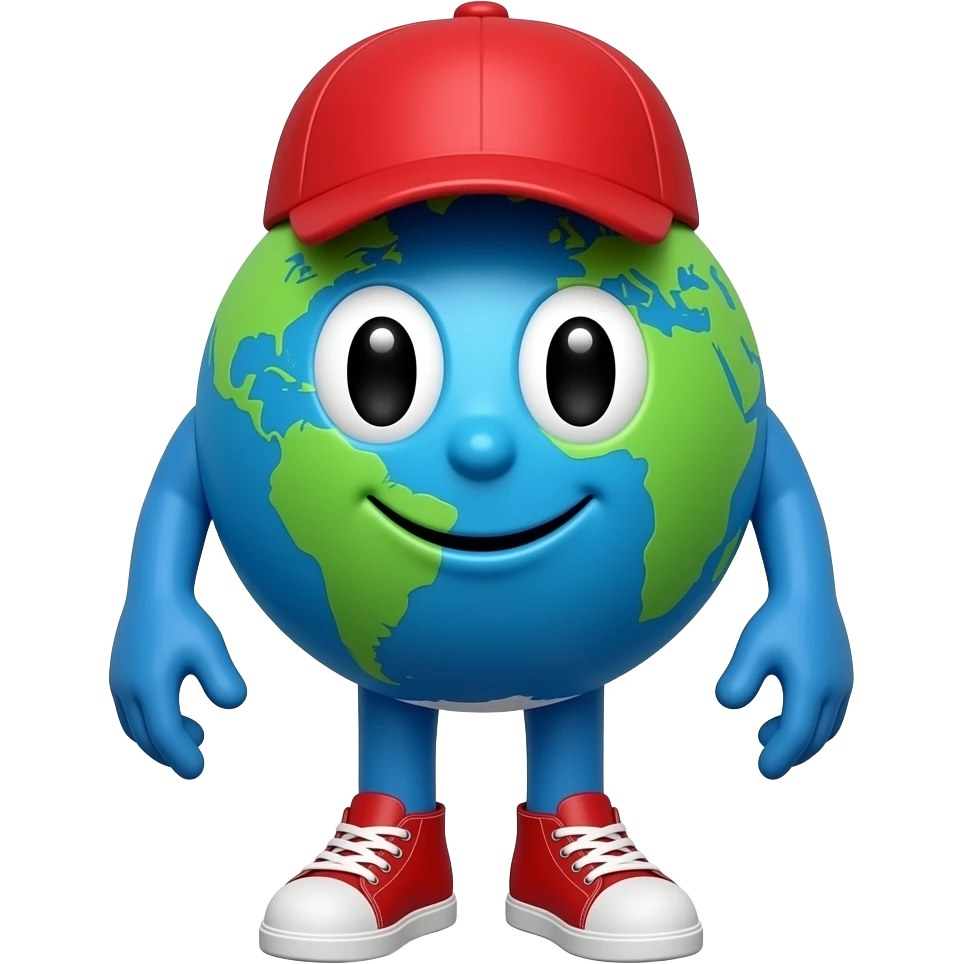 Earth with a face and wears a red cap and blue hands and blue legs and wearing a red shoes emoji