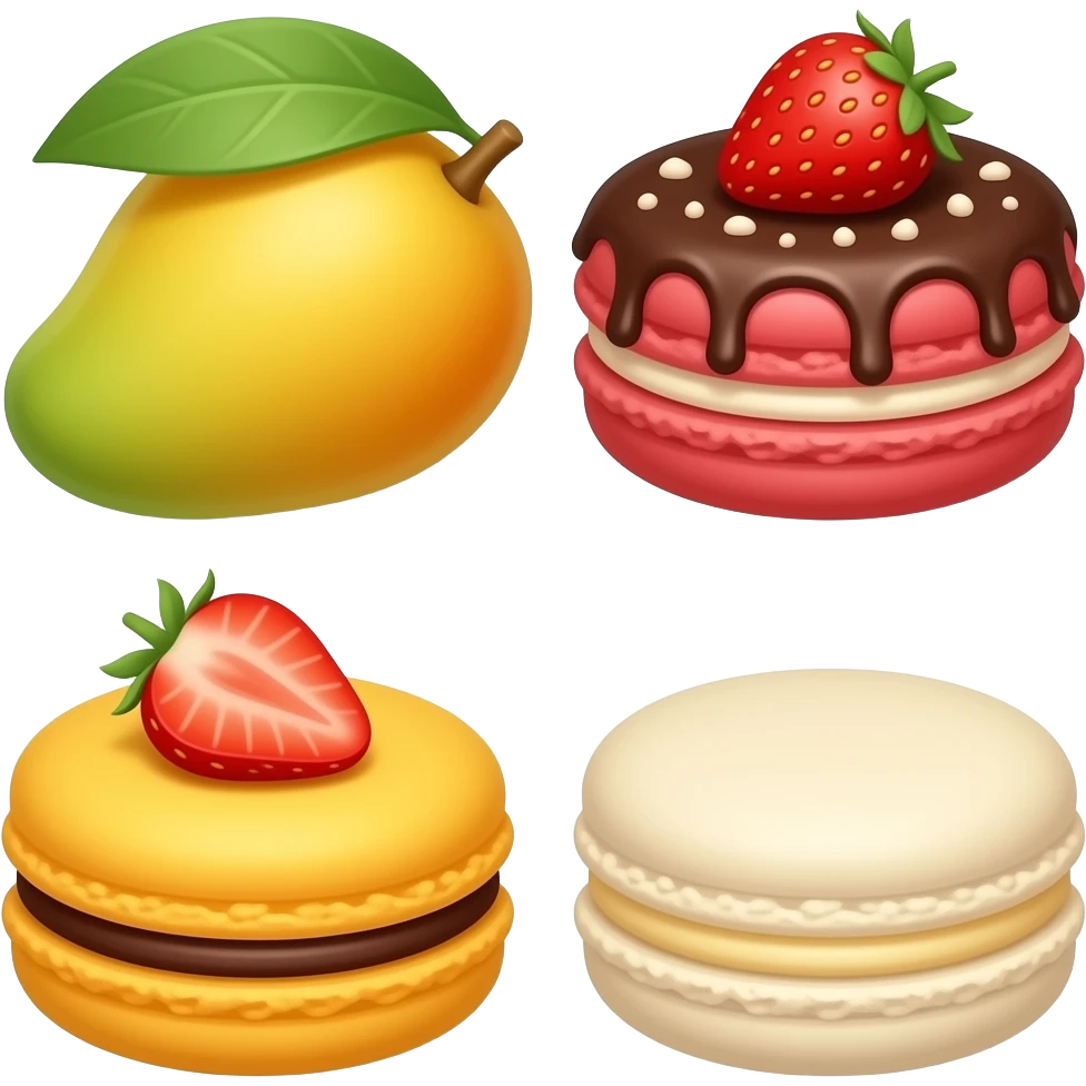 mango macaron, strawberry macaron and vanilla macaron with toppings emoji