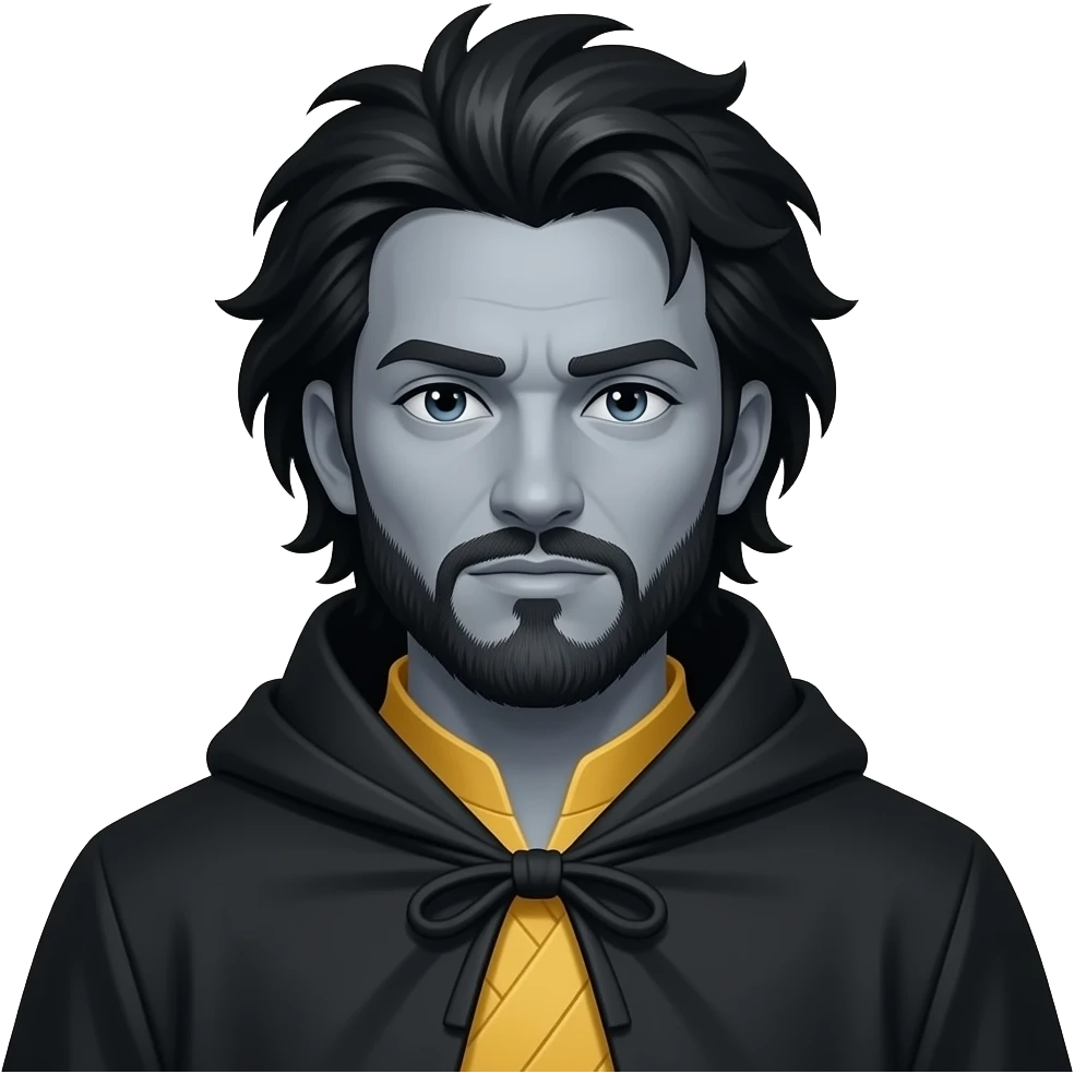 a Gray skined man with black crazy hair with a black cloke and yellow peuples emoji