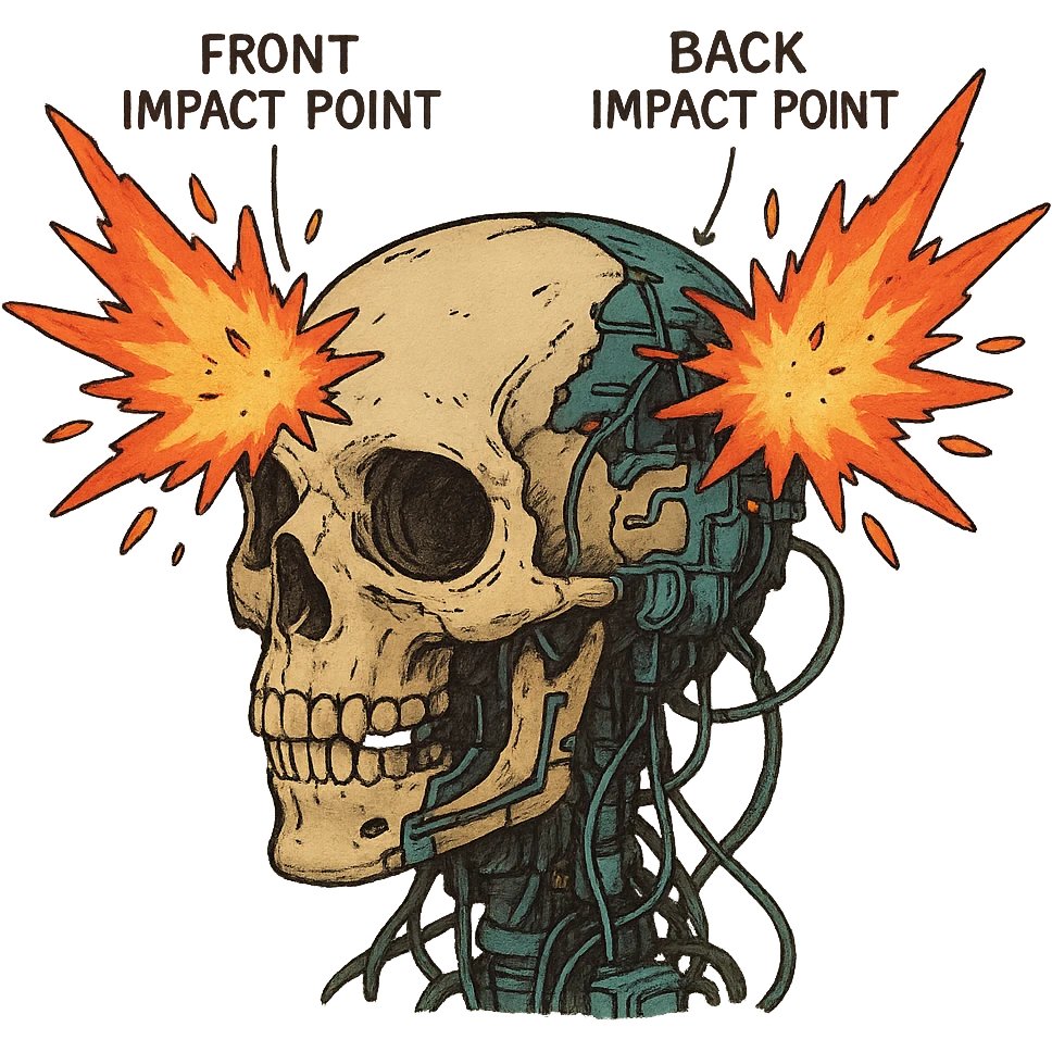 a skull exploding, diagram, front and back impact points, cyberpunk futuristic emoji