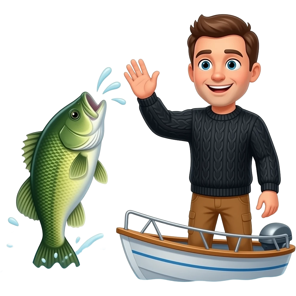 a guy in a black sweater standing on a boat waving at a bass fish swimming away  away emoji