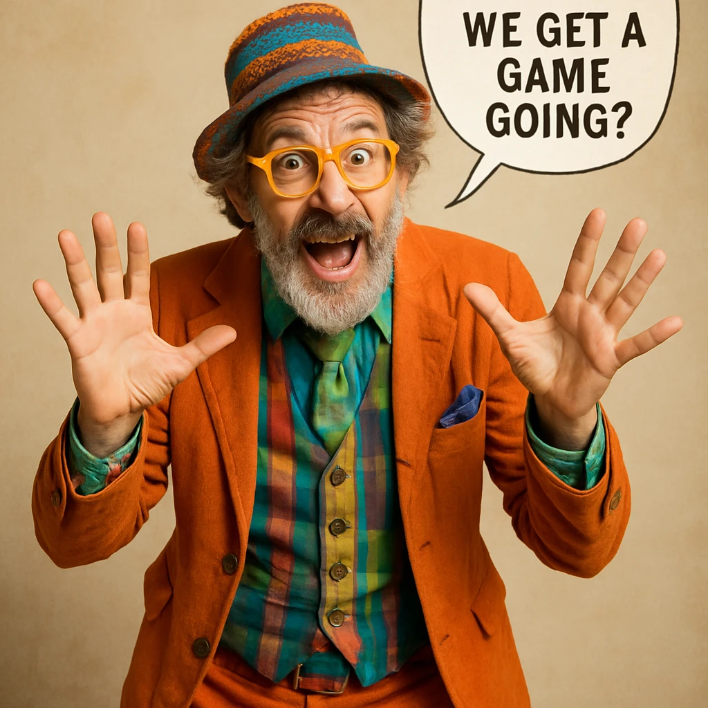 an eccentric man with unique style, looking intrigued and asking about the game, energetic and fun emoji