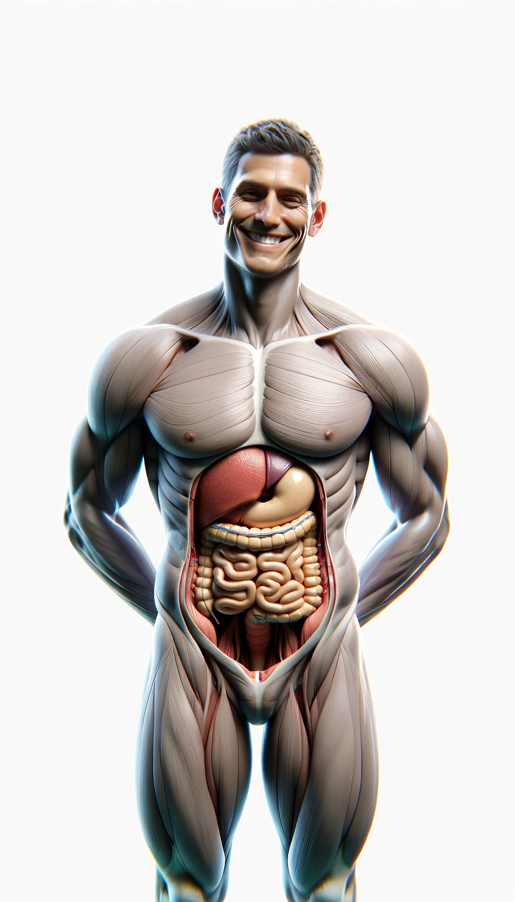 corpo umano anatomico a figura intera visibile fino ai fianchi che sorride rilassato, iperrealistico 4k, isolato su sfondo bianco emoji
