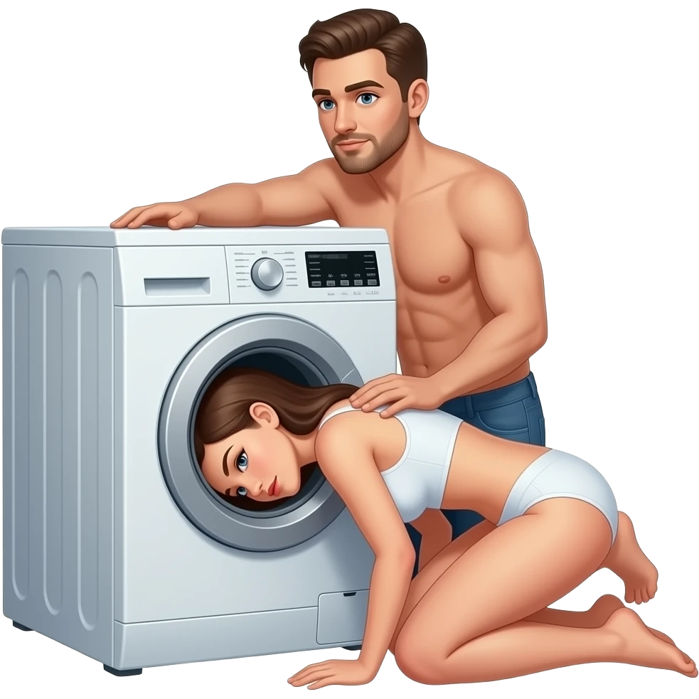 Un homme derrière une femme qui c'est bloqué juste la tête dans une machine a laver et le reste du corps devant la machine a laver que la femme face un 180 defres et que l'hommeet tout nue emoji