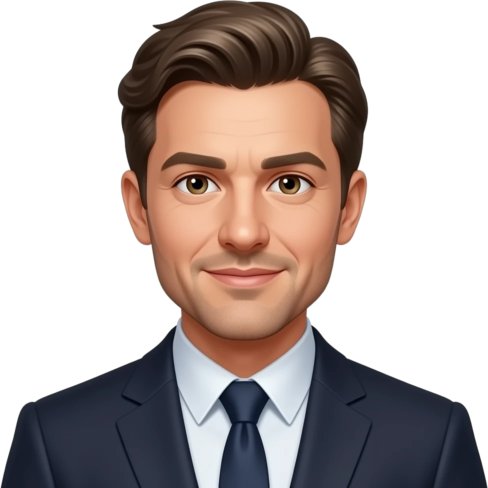 40-year-old organisation consultant, white, slim, narrow small head, dark blonde wavy hair, ,hazel eyes, straight eyebrows, light facial hair in suit and tie emoji