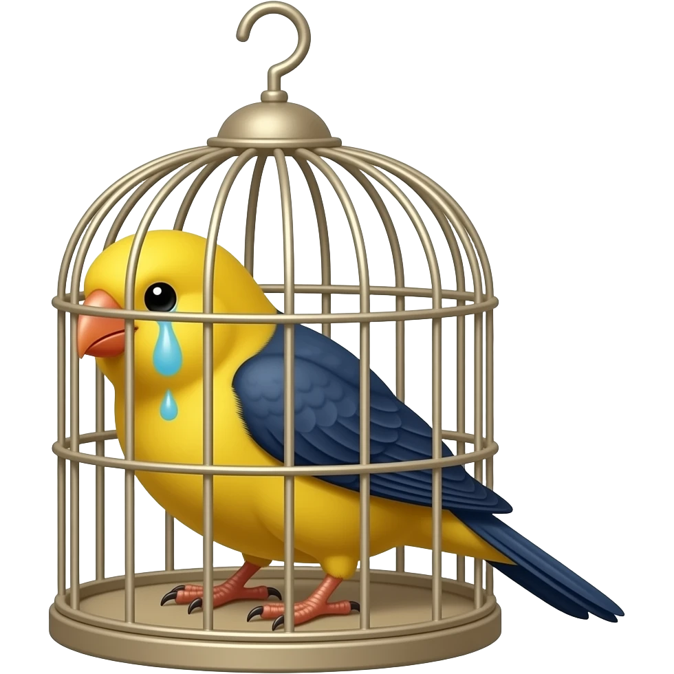 yukardan uzun iple sarkan kafeste ağlayan sarı lacivert renkli  kanarya ama kafesin ipi uUn olsun emoji