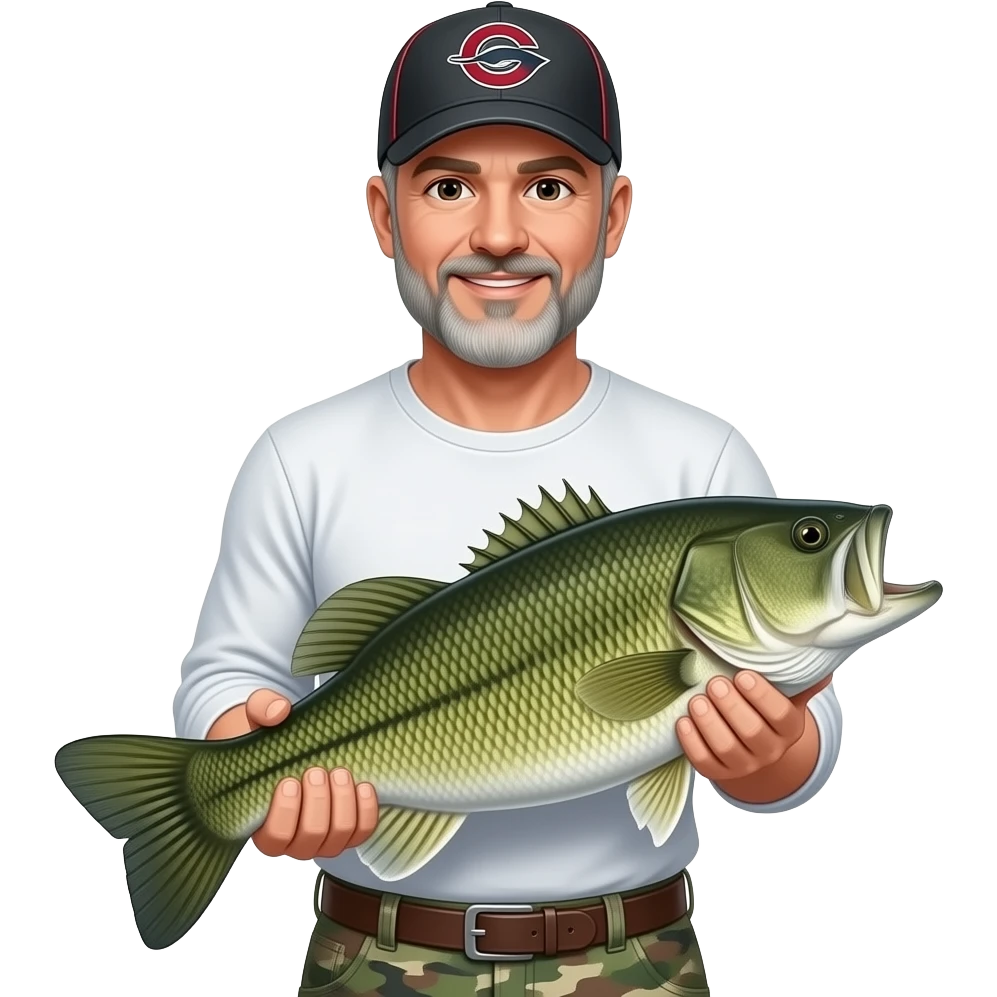 an adult man with a gray beard with a white long sleeve T-shirt, and camouflage carpenter shorts and Us gamecock baseball hat holding a bass fish emoji