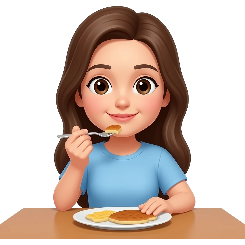 Az arca ne gyerekes legyen hosszú barna haja legyen és az asztalnál egyen emoji