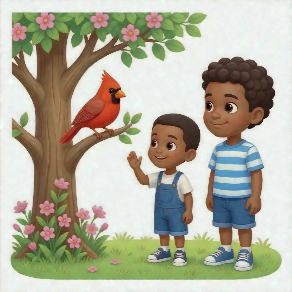 A tall African American boy and a short African American boy see a red cardinal sitting in a tree with pink and green flowers emoji