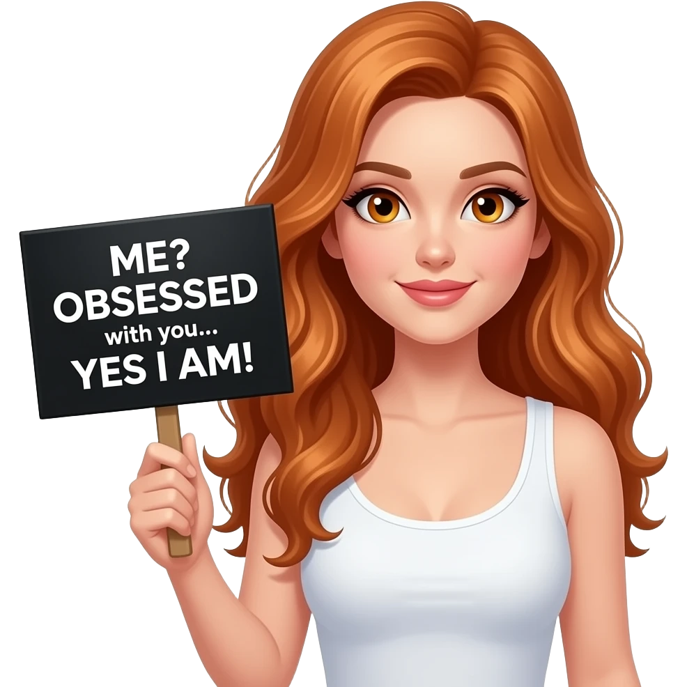 sexy girl with long wavy ginger hair and ginger eyes wearing a white tanktop is holding a black colored sign with ME? OBSESSED with you... YES I AM! written on it emoji