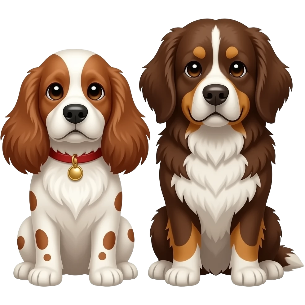 White/red dots cockerspaniel and brown broholmer sitting together emoji