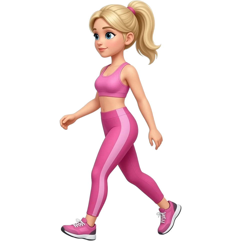 Blonde haired girl walking left to right in pink activewear aesthetic soft lighting emoji