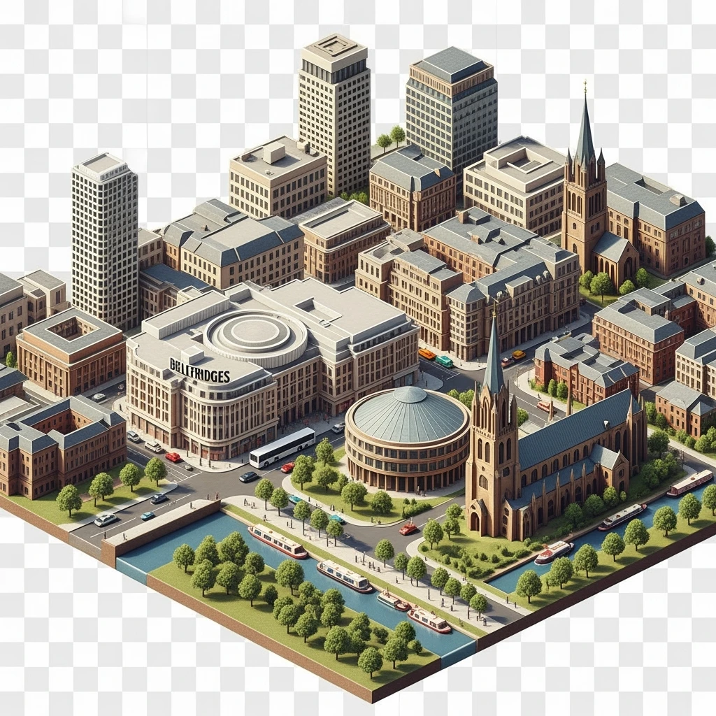 Isometric illustration of Birmingham, balanced between stylized and realistic, 3D miniature effect, transparent background. emoji