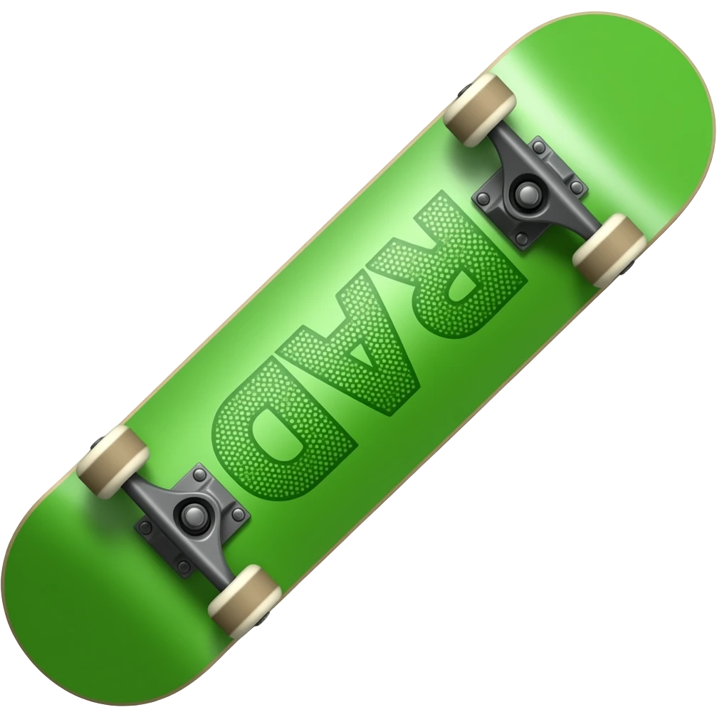 green skateboard with stylised RAD in capitals letters on the back with it emoji