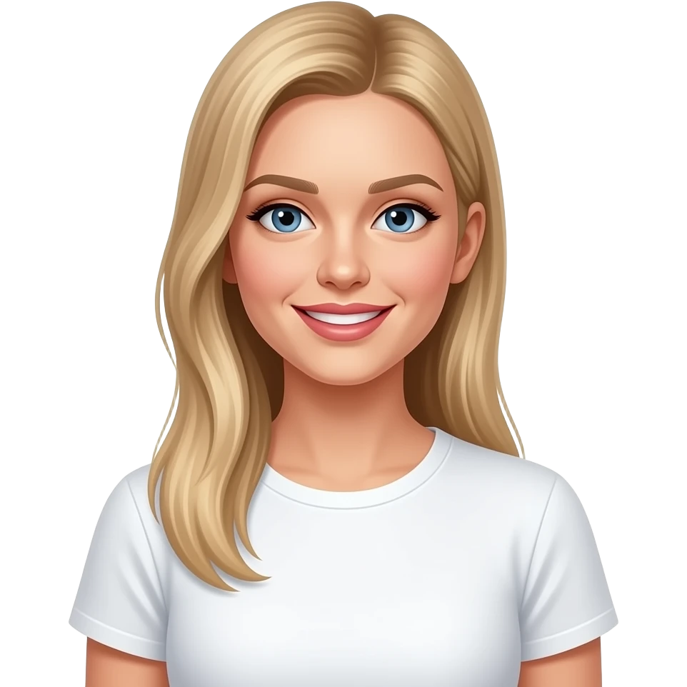 bella ragazza russa bionda capelli lisci lunghi e occhi chiari, con maglietta bianca divertita emoji