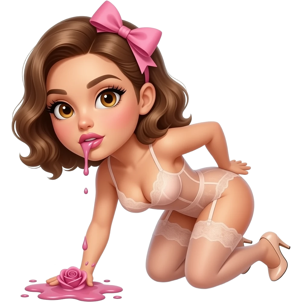 glamours,-tanned,-very-beautiful-woman-with-big-plump-rose-beige-lips,-long-lashes,-honey-silky-very short- hair,-wavy-hair,-with pink bow in hair -hazel-eyes-wearing-nude-lace-lingerie-nude-stilettos,-projectile-vommiting-puke emoji