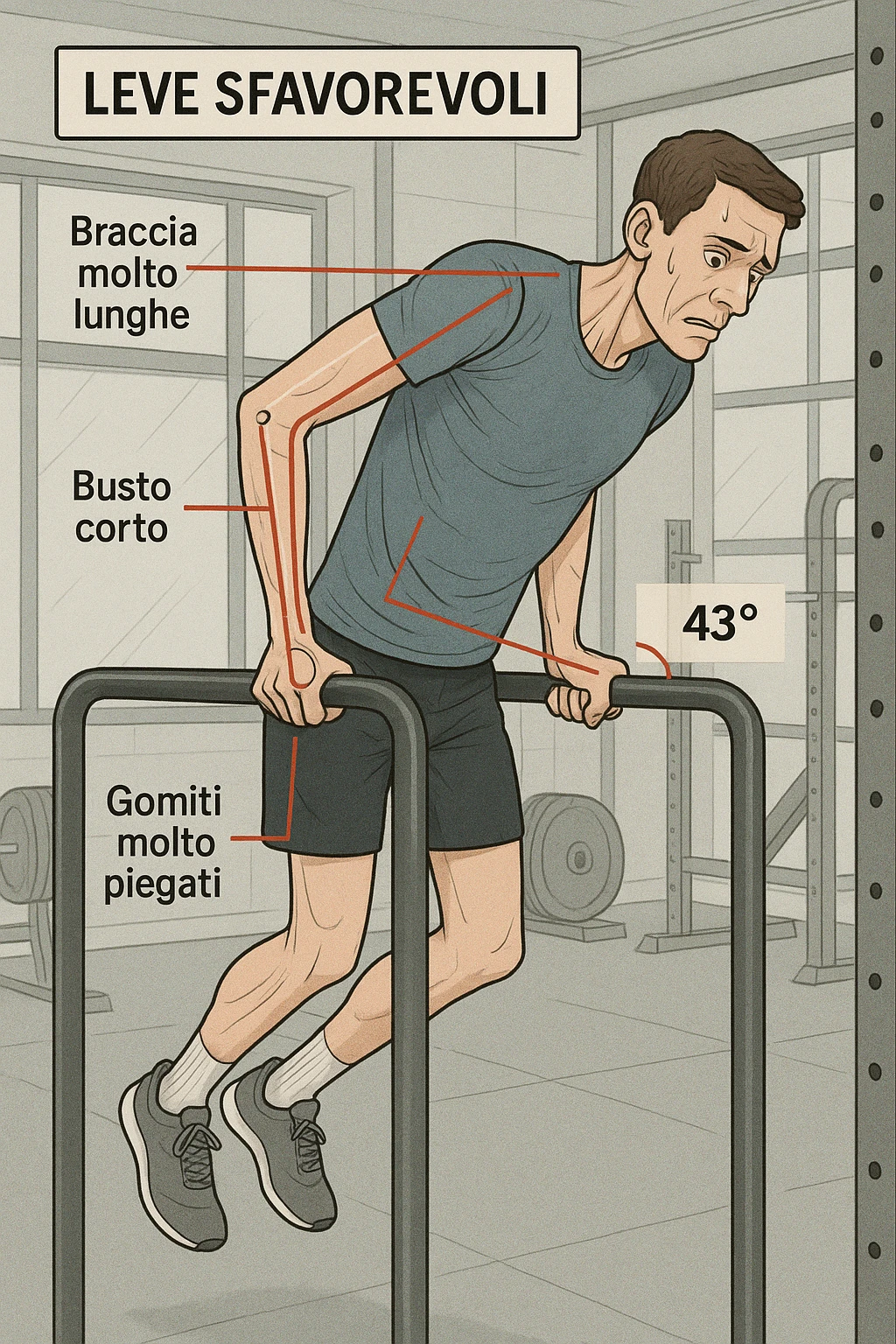 a tall, lean man with very long arms and a short torso attempts a dip on parallel bars. His elbows are deeply bent and his body appears awkwardly positioned, highlighting the mechanical disadvantage. An overlay shows anatomical lines and angles, with labels explaining “Leve Sfavorevoli” The background is a modern gym, with a focus on biomechanics. in italiano emoji