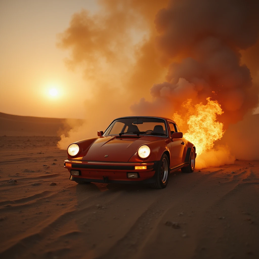 Cinematic shot, Porsche 911 in fire, desert emoji